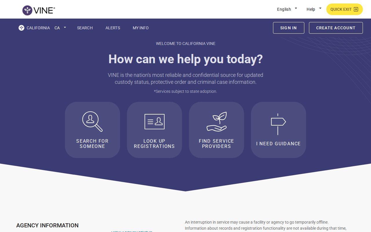 California VINELink landing page for Contra Costa County arrest alerts